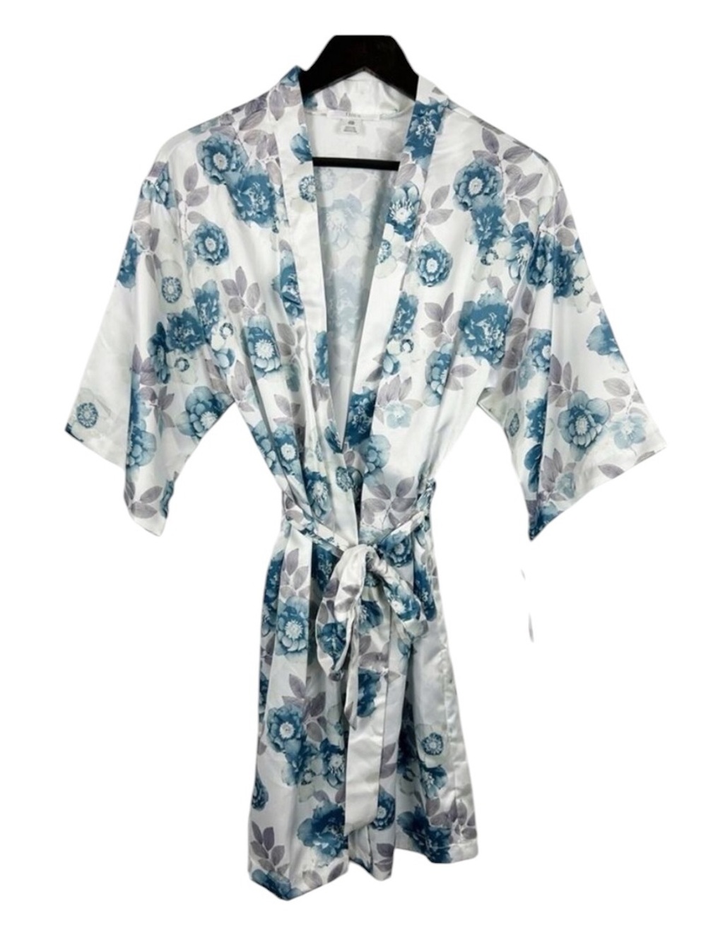 Flora Nikrooz White Satiny Robe with Blue Floral Print Size S/M